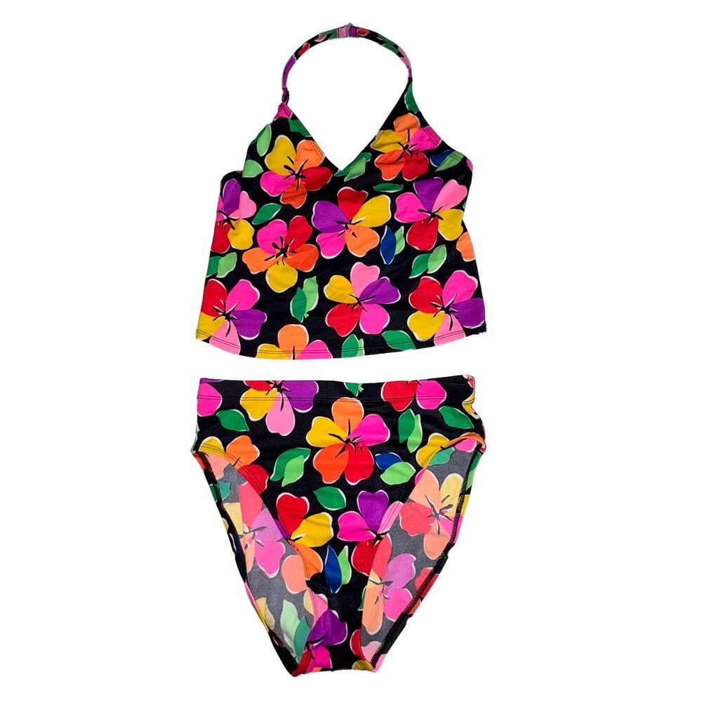 Vintage 80's Catalina Tankini Swimsuit Bright Multicolor On Black Floral Print